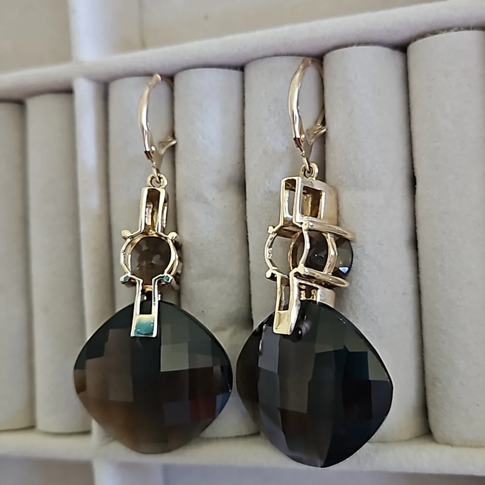 Vintage Smokey Topaz Diamond Accent Gold Drop Earrings - Picture 5 of 8